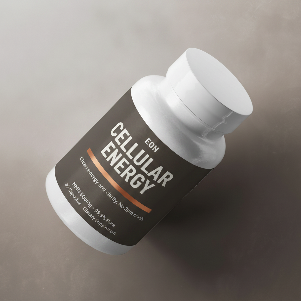 Eon NMN 500 mg, the real supplement bottle with a graphite and copper label, 99.9% purity, 30 capsules